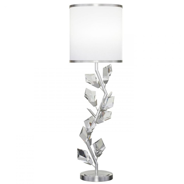 Foret Console Lamp, 1-Light, Silver, Faceted Crystal Leaves, White with Silver Trim Fabric Shade, 35.5"H (908815-1ST NG1K)