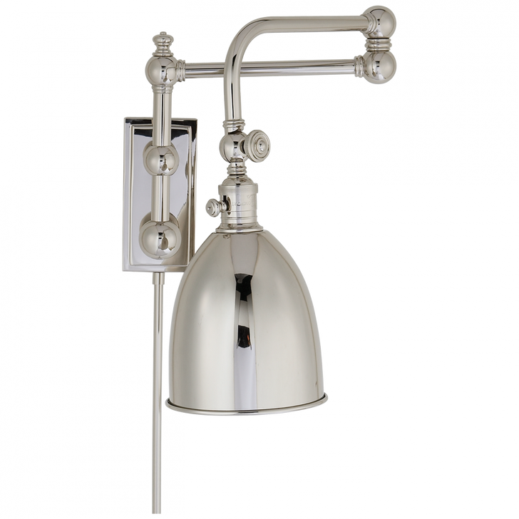 Pimlico Swing Arm Wall Sconce With Plug, 1-Light, Polished Nickel, Polished Nickel Shade, 16"H (CHD 2150PN-PN 25V58)