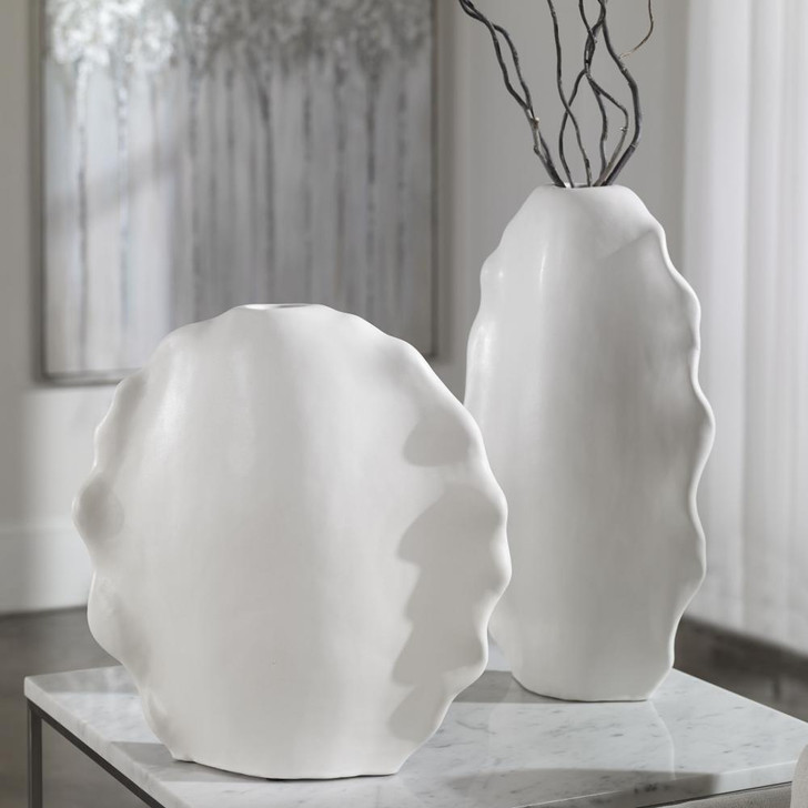 Ruffled Feathers Modern Vases, 2/Set, Matte White, 20"H (17963 A6DQM)