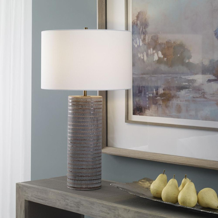 Monolith Table Lamp, 1-Light, Frosted Pewter/Antique Brass, White Fabric Drum Shade, 29"H (29994 A6EMD)