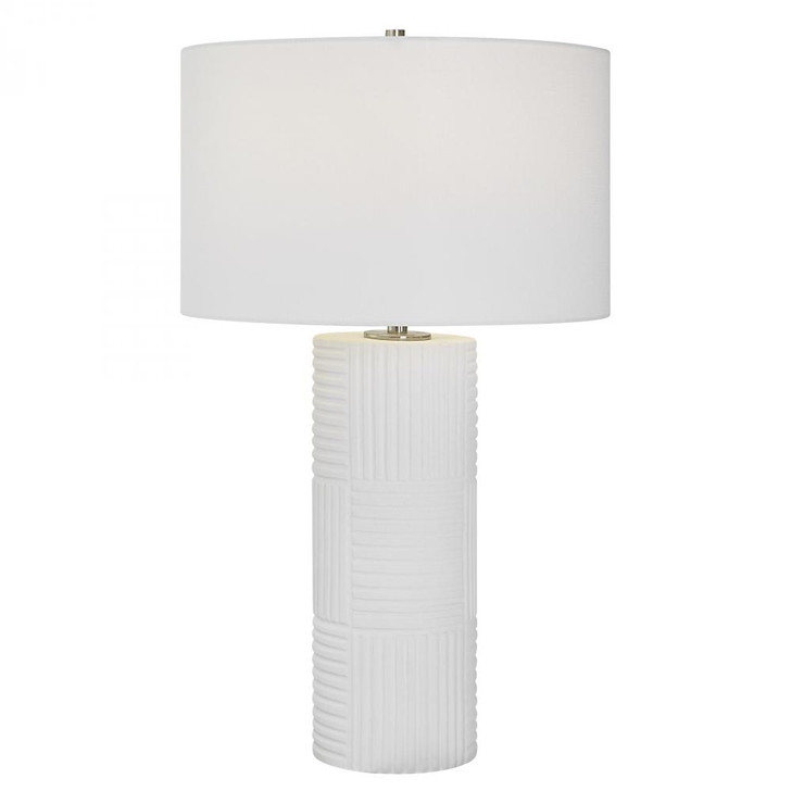 Patchwork Table Lamp, 1-Light, Satin White, White Linen Fabric Shade, 28"H (30068 A6FLK)