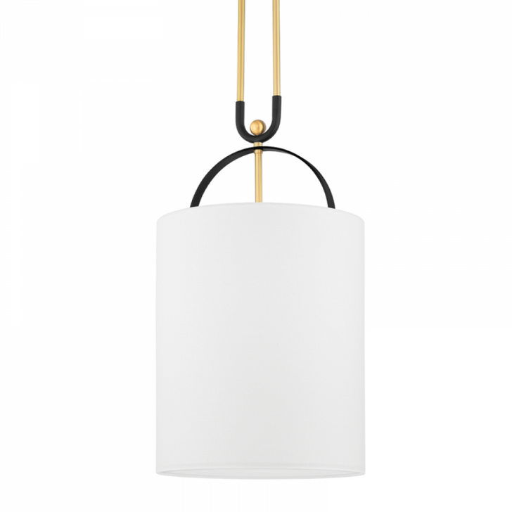 Campbell Hall Pendant, 1-Light, Aged Brass/Black Brass Combo, White Belgian Linen Shade, 25.5"H (2034-AGB/BBR A8P38)