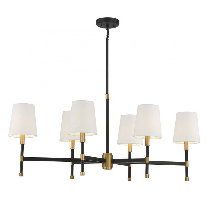 Brody Linear Chandelier, 6-Light, Matte Black with Warm Brass Accents, White Fabric Shade, 18"W (1-1631-6-143 ALPQT)