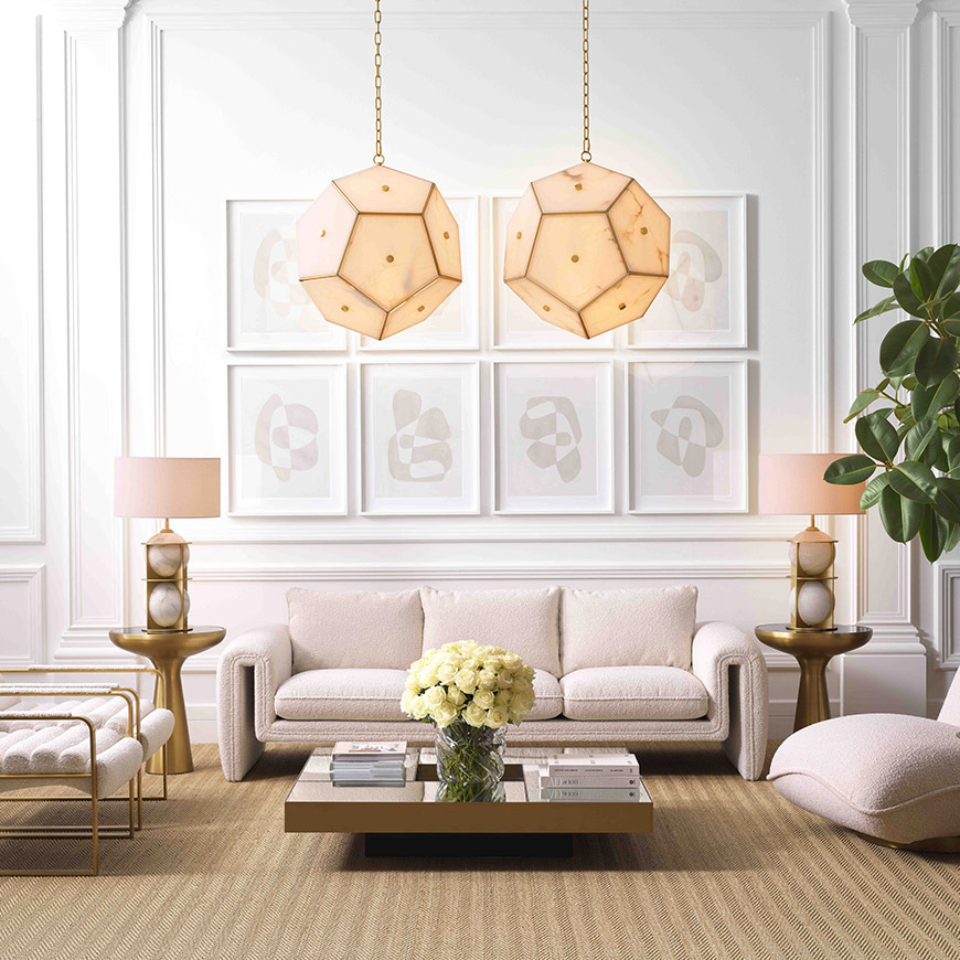 The Gallo Pendant by Eichholtz was inspired by the beauty of Alabaster.  This stunning geometric statement  adds a soft ambient glow to any space.