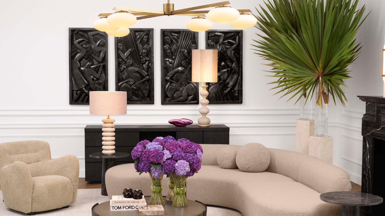 Grand sitting room filled with a variety of Eichholtz pieces.