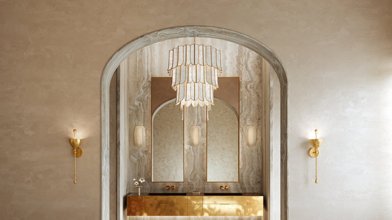 Antalya Wall Sconce, Cartagena Chandelier, and Azzurra Wall Sconce primary bathroom entryway  inspiration image.