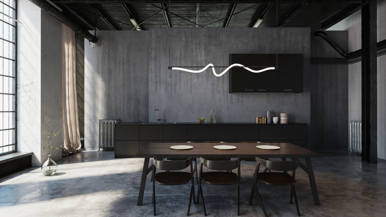 Modern Loft Dining Area with Cursive 54-in LED Linear Pendant by Kuzco Lighting.