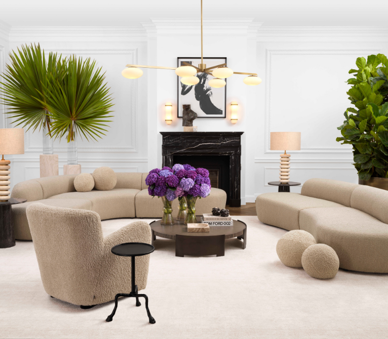 Eichholtz living room lifestyle image featuring furniture, lighting, and home decor pieces.