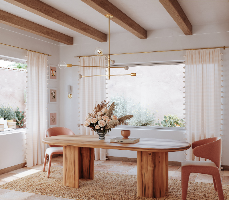 Slater Chandelier styled over the center of an open and airy dining room space.