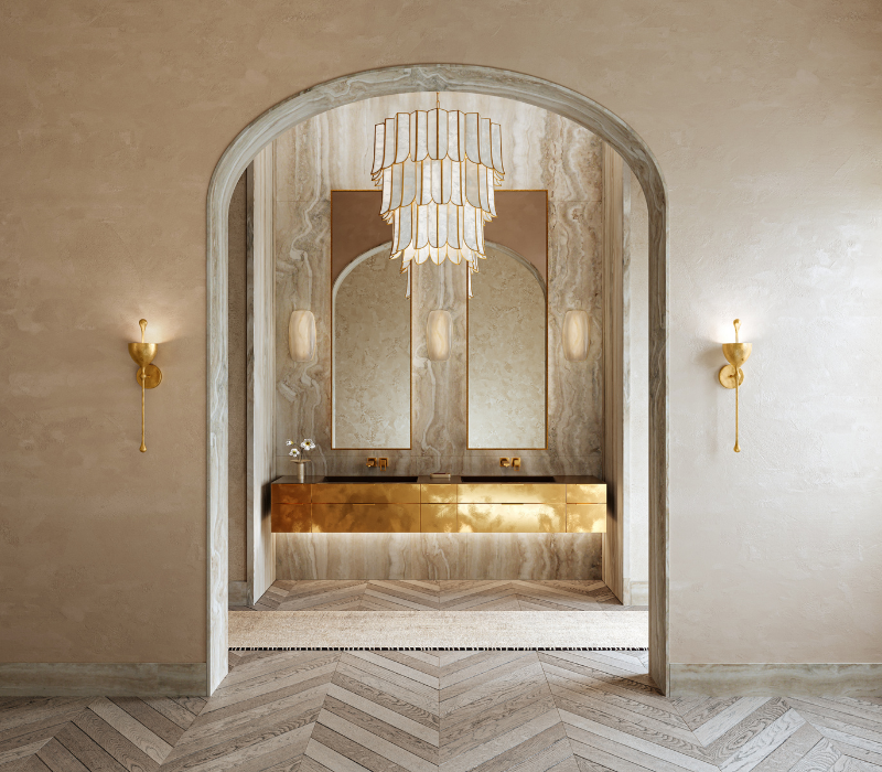 Antalya Wall Sconce, Cartagena Chandelier, and Azzurra Wall Sconce primary bathroom entryway  inspiration image.