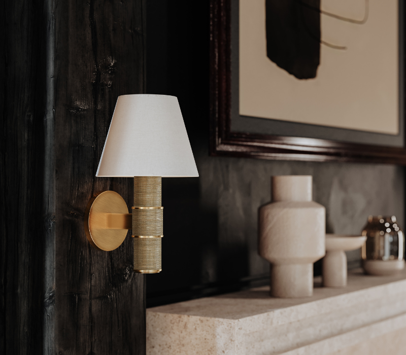 Denton Wall Sconce styled over a fireplace mantel details image.
