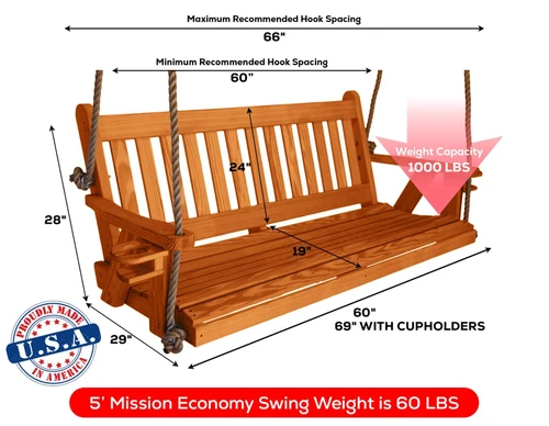 Ecommersify Inc Mission Solid Yellow Pine Porch Swing with Rope, Amish Made in USA