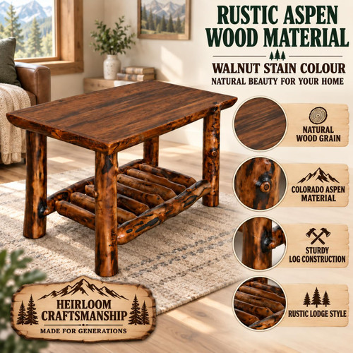 Ecommersify Inc Rustic Colorado Aspen Log Coffee Table, Amish Made in USA
