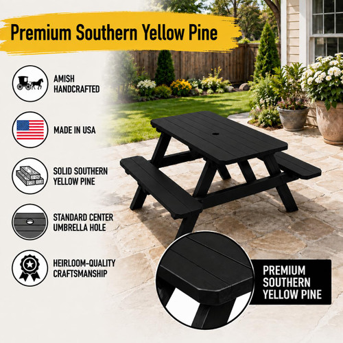 Ecommersify Inc Pine Outdoor Picnic Table with Attached Benches, Amish Made in USA