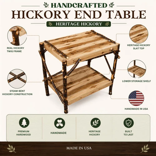 Ecommersify Inc Rustic Hickory End Table with Lower Shelf, Amish Made in USA