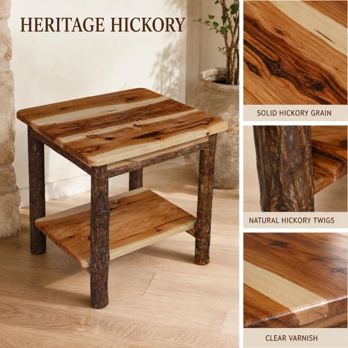 Ecommersify Inc Rustic Hickory Solid Wood End Table with Shelf, Amish Made in USA