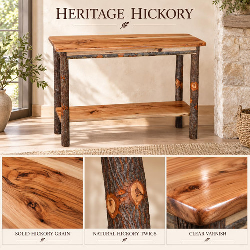 Ecommersify Inc Rustic Hickory Console Table with Lower Shelf, Amish Made in USA