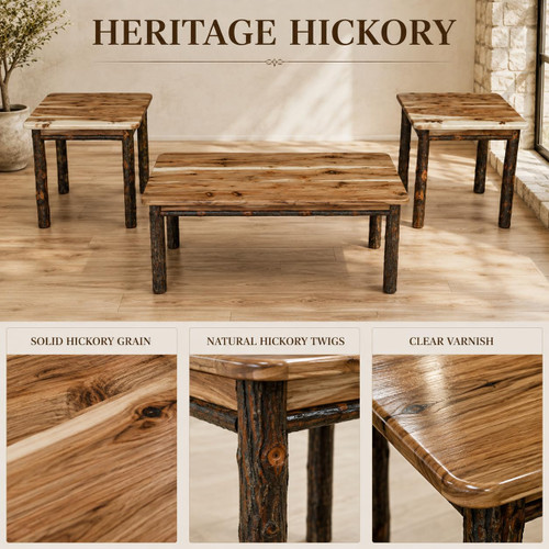 Ecommersify Inc Hickory Solid Top Coffee and End Table Set, 3 Pieces, Amish Made in USA