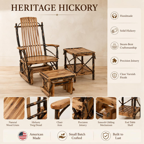 Ecommersify Inc Hickory Glider Rocker, Table and Gliding Ottoman Set, Amish Made in USA