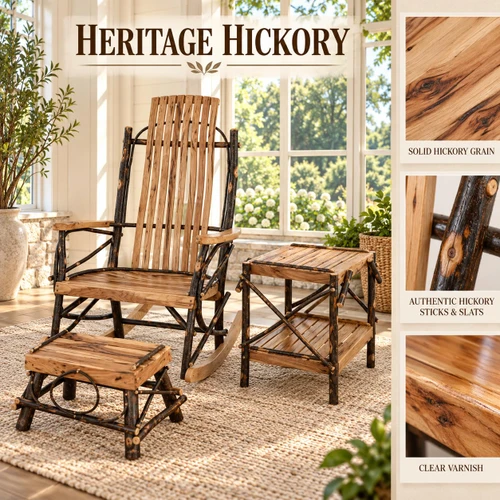 Ecommersify Inc Hickory 9-Slat Rocker, End Table and Footstool Set, Amish Made in USA