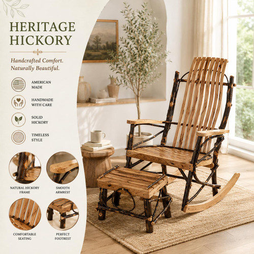 Ecommersify Inc Hickory 9-Slat Rocker and Footstool Set, Amish Made in USA