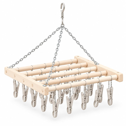 Ecommersify Inc Maple Wood Clothespin Drying Hanger with Poly Clips, Made in USA