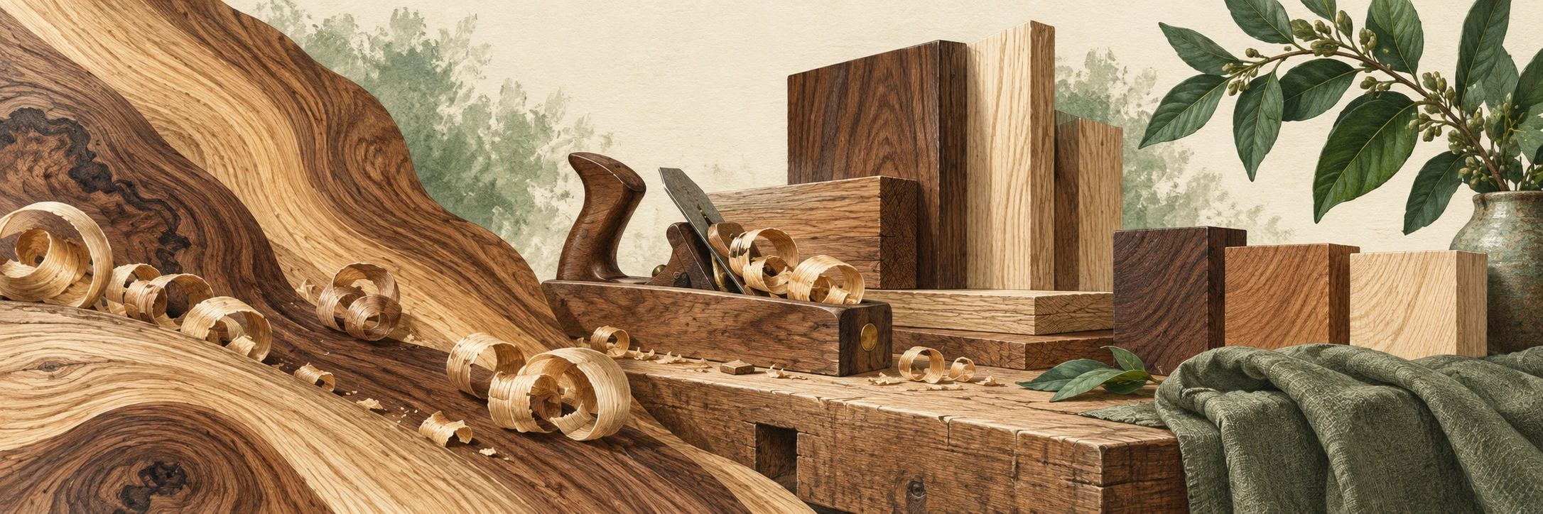 Original illustration of wood grain, traditional woodworking tools and finish samples