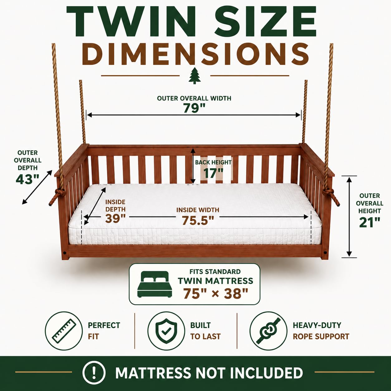 Dimensions shown for one twin-size hanging daybed model; other models differ