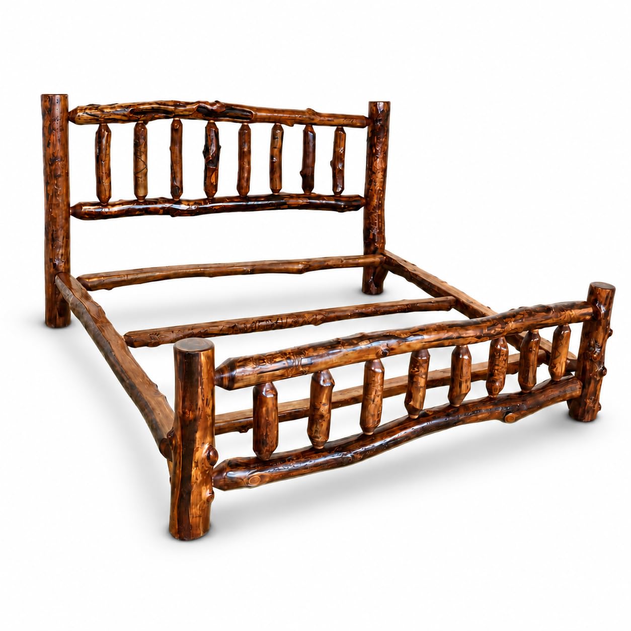 A rustic aspen log bed frame