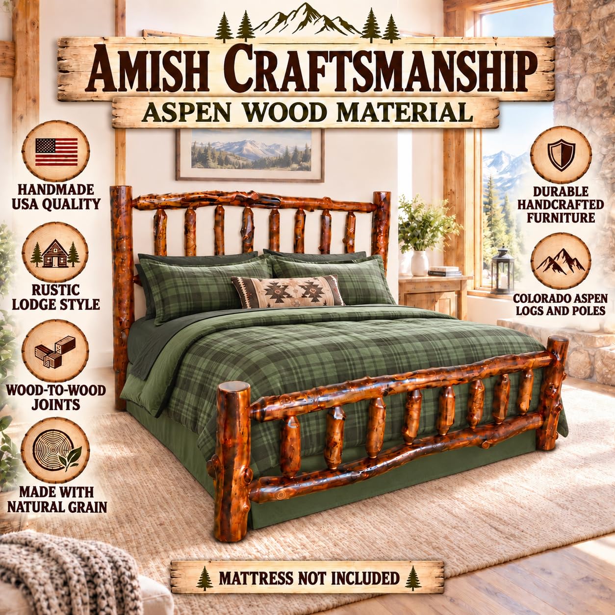 An aspen log bed from the collection, showing the natural character of rounded wood members