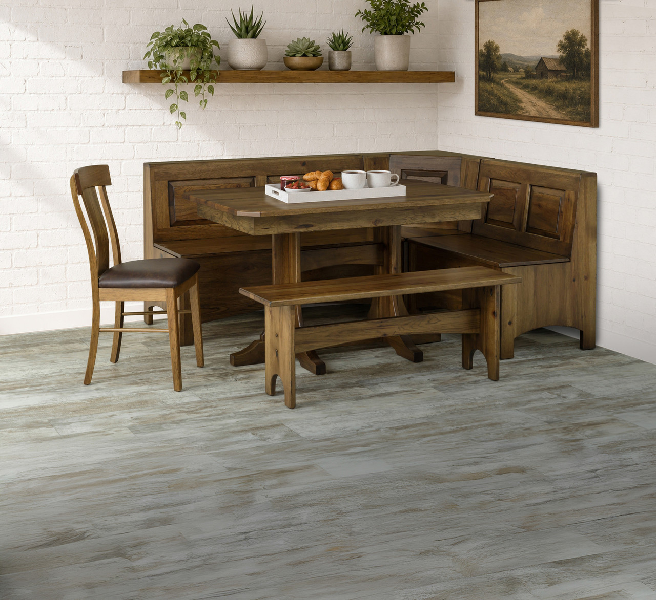 Kitchen Nook five-piece set in Rustic Hickory, shown with an optional Radford side chair
