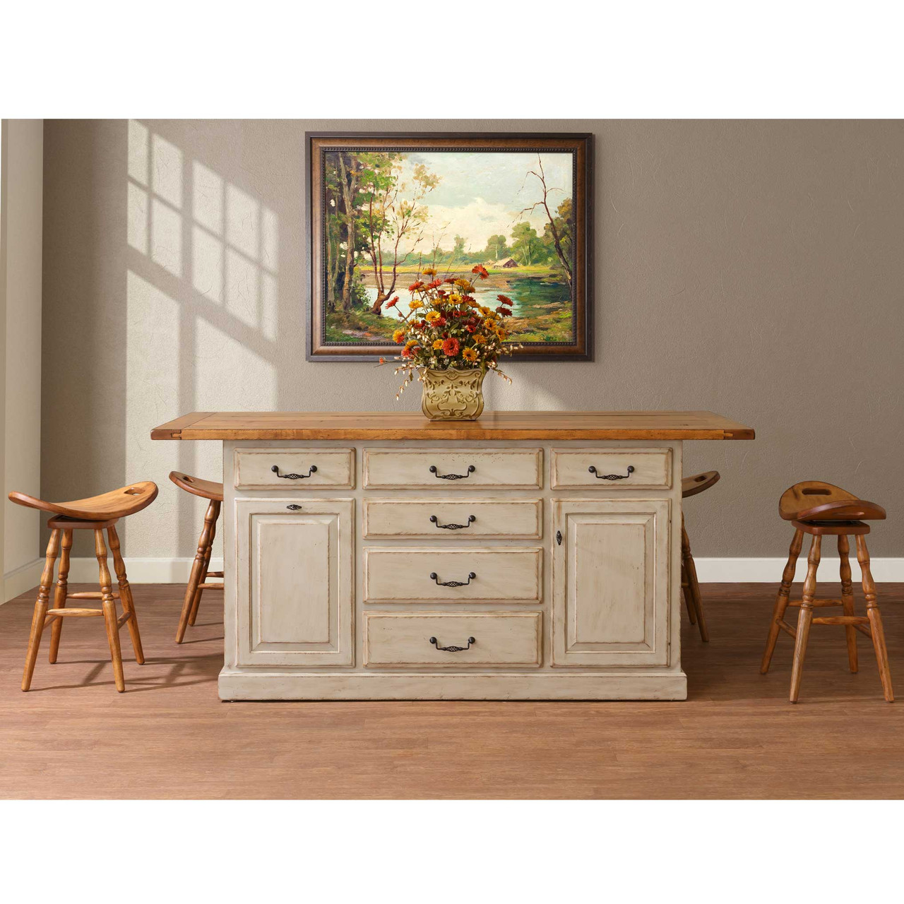 Amish Traditional Large Kitchen Island with 4 Swivel Saddle Stools — actual product photograph
