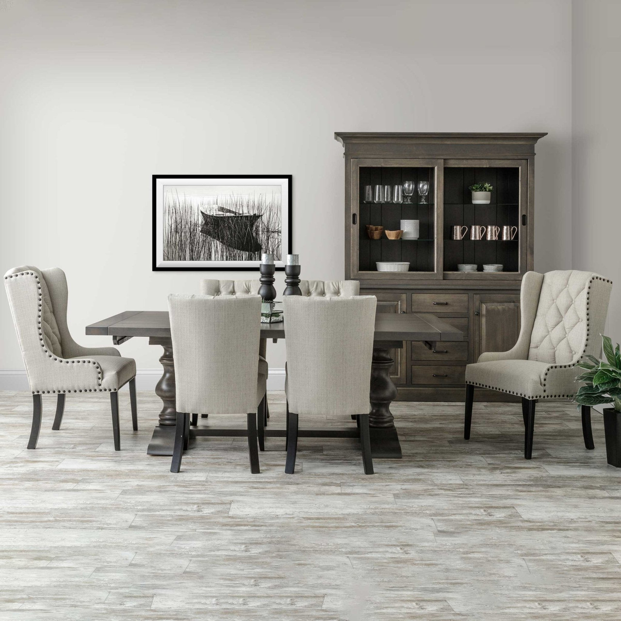 Amish 84" Modern Alana Trestle Table Set with 6 chairs — actual product photograph