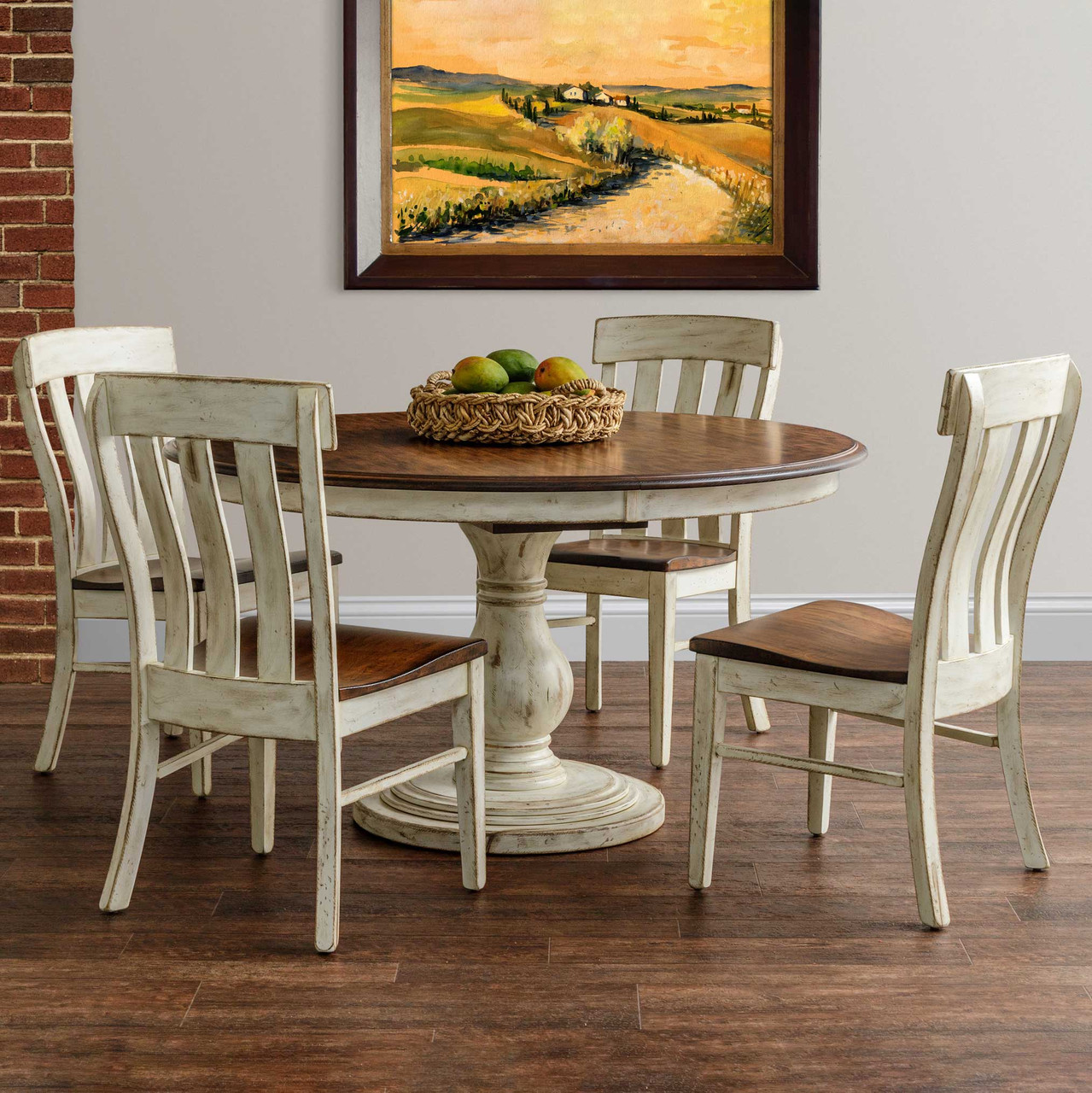 Amish 54" Rustic Round Raleigh Pedestal Dining Set with 4 chairs — actual product photograph