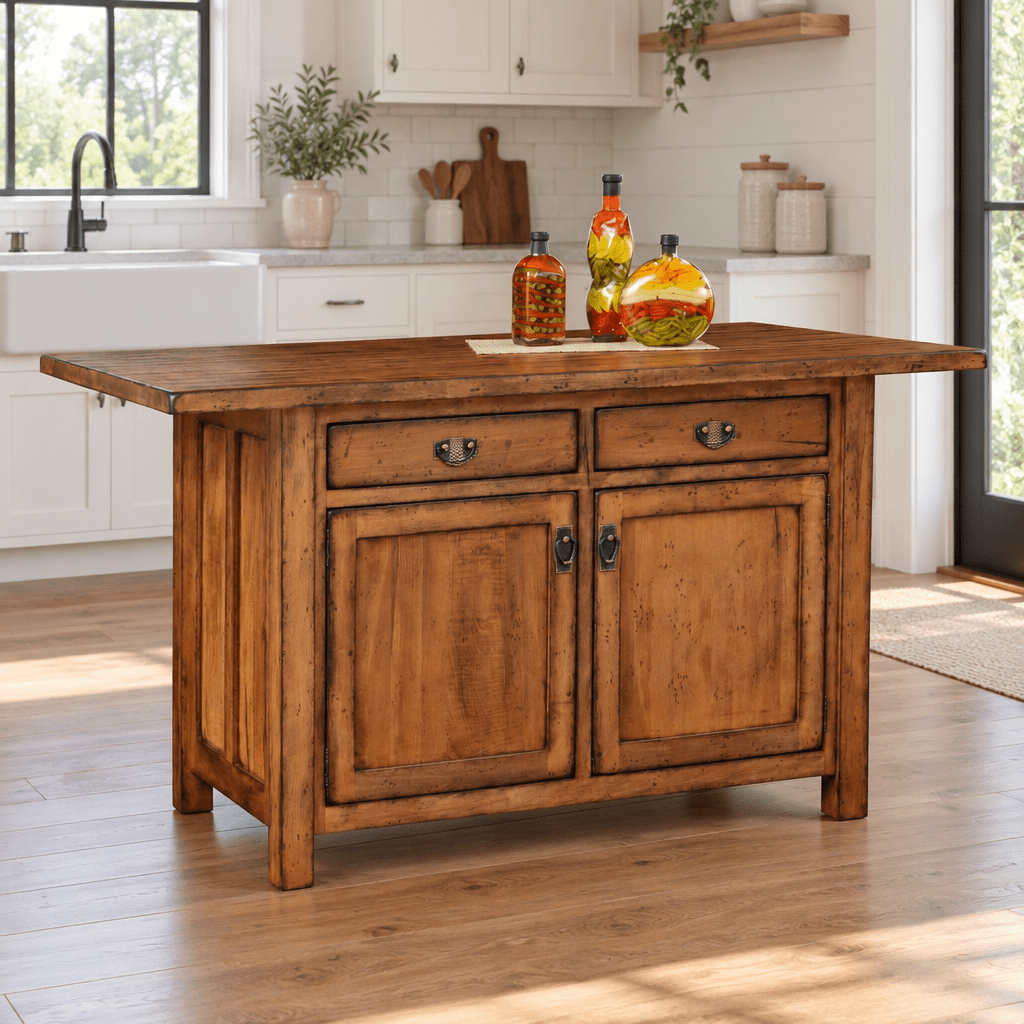 Amish Ancient Mission 2 Drawer Rustic Kitchen Island — actual product photograph