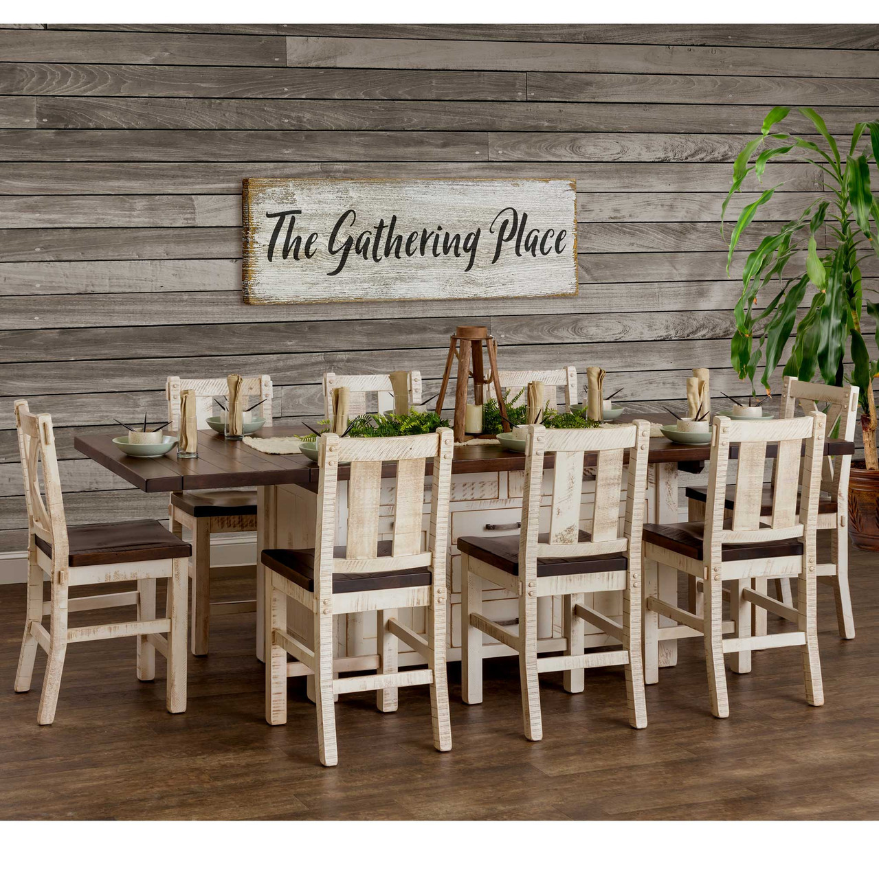 Amish Houston Large Expandable Kitchen Island with 8 Bar Chairs — actual product photograph