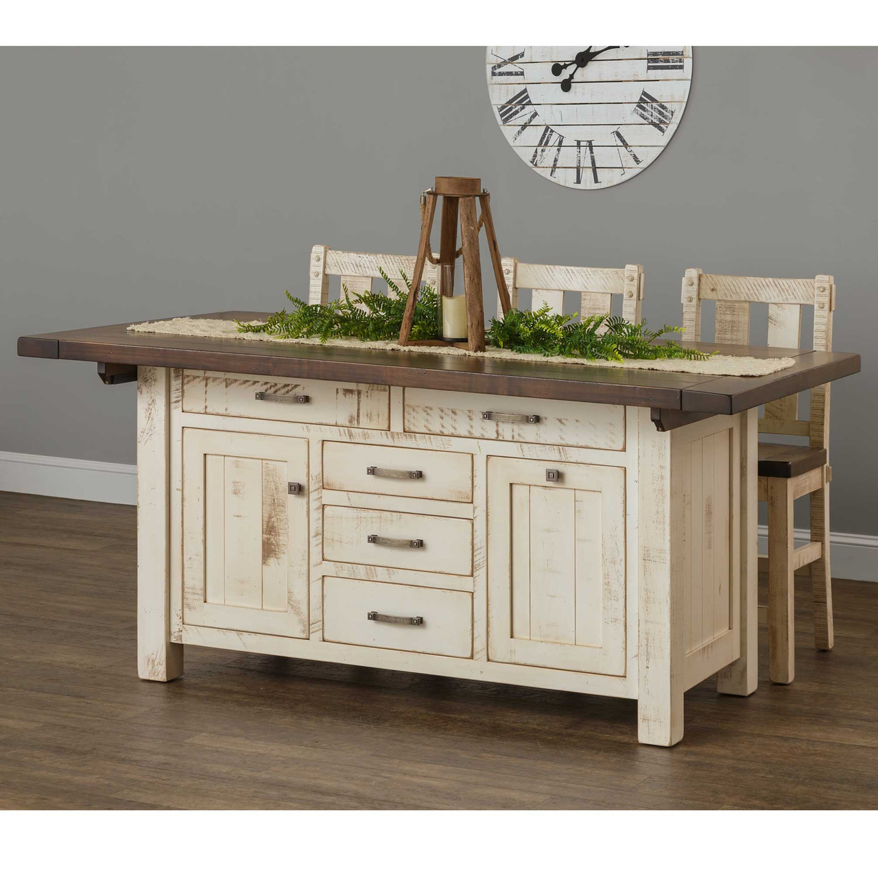 Amish Houston Large Expandable Kitchen Island with 3 Bar Chairs — actual product photograph