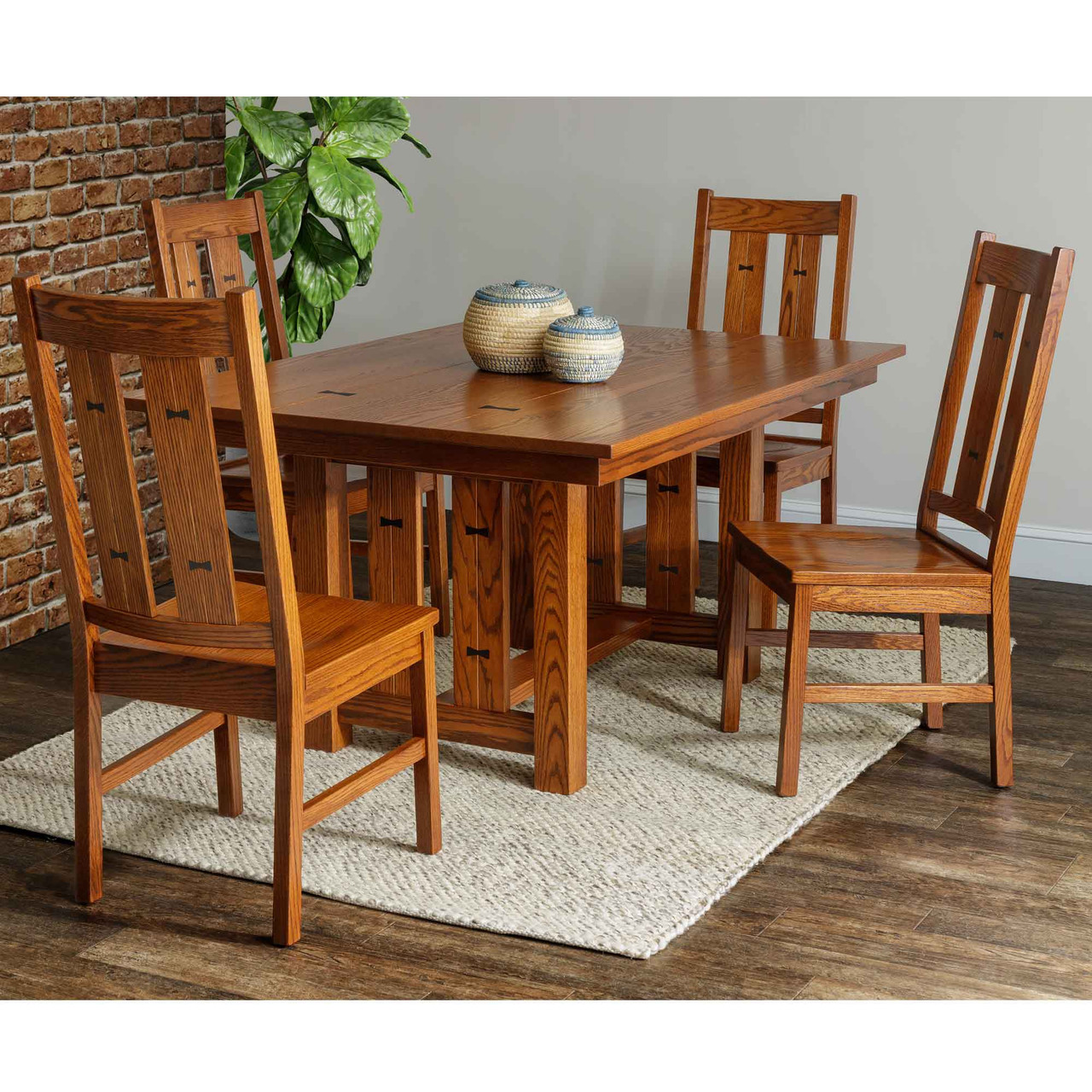 Amish Dixon Mission Trestle Dining Table with Bow Tie Inlays — actual product photograph