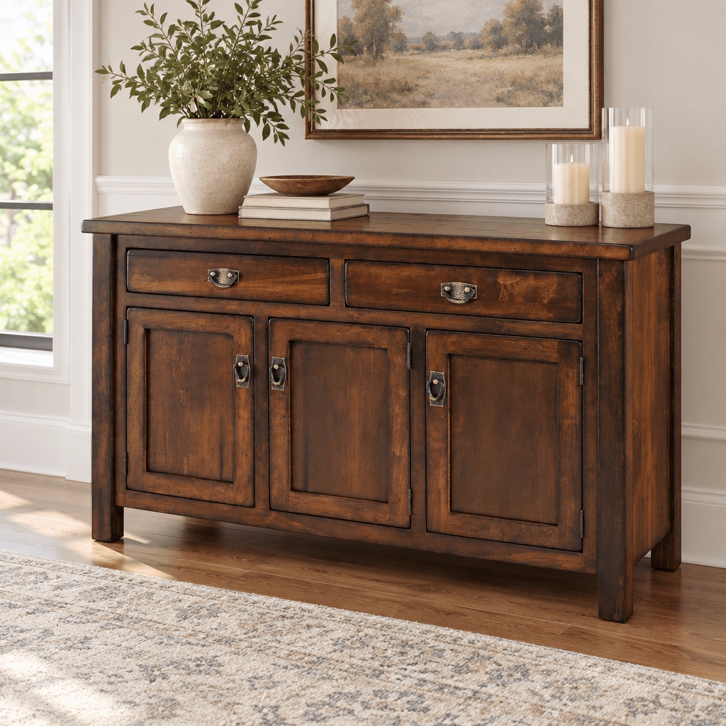 Amish Rustic Ancient Mission Butcher Block Top 3-Door Dining Buffet — actual product photograph