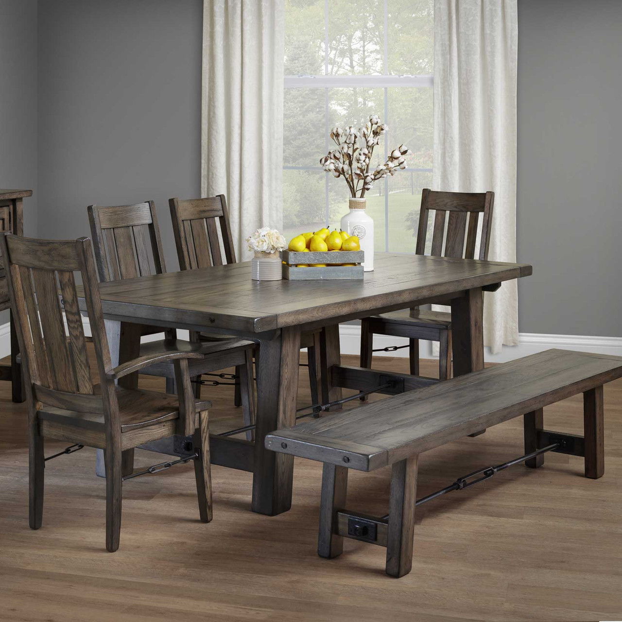Ouray Amish Iron Buckle Trestle 72" Dining Table 6pc Set — actual product photograph