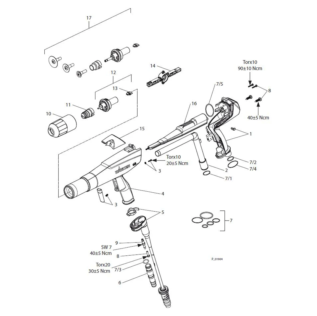 Wagner PEM-X1 corona manual powder gun exploded parts diagram