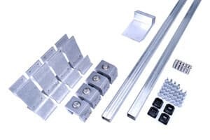 2-Bar SnoBar system components including RoofClamps, RC-2B brackets, SnoBar, Tek screws, end caps, and Optional IceStoppers