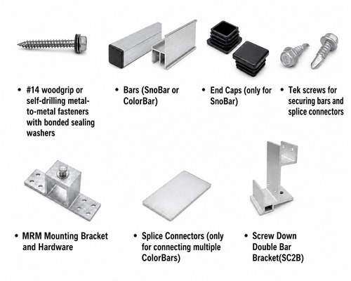 SnoBar ColorBar 2 bar screw-down system parts including fasteners bars end caps brackets and splice connectors