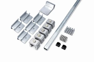 SnoBar RCB-3 aluminum RoofClamp components including brackets, clamps, SnoBar, Tek screws, end caps, splice connectors, and IceStoppers