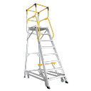 Aluminium access platform ladder featuring safety rails and wheels.