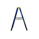 Blue and yellow Bailey fibreglass double-sided ladder with six steps.