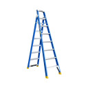 Blue fibreglass dual-purpose ladder with eight steps and tree support.