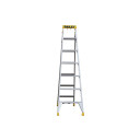 Aluminium double-sided step ladder with seven steps and anti-slip feet.