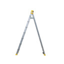 Aluminium double-sided step ladder with anti-slip feet and cap.