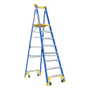 Fibreglass step ladder with eight steps in blue and yellow design.
